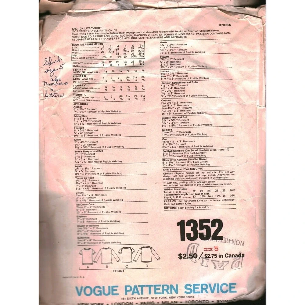 Vogue 1352 Vintage 70s Kids T-Shirt Sewing Pattern Applique Heat Transfers 5